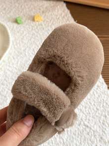 Autumn/Winter Girls' Cloud-Feel Indoor/Outdoor Fuzzy Slippers With One-Strap Round Buckle Hook-And-Loop Design, Soft Warm House Shoes - Khaki - View 7