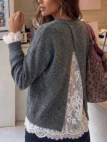 Women's Lace Patchwork Casual Versatile Daily Wear Knit Top - Grey - View 2