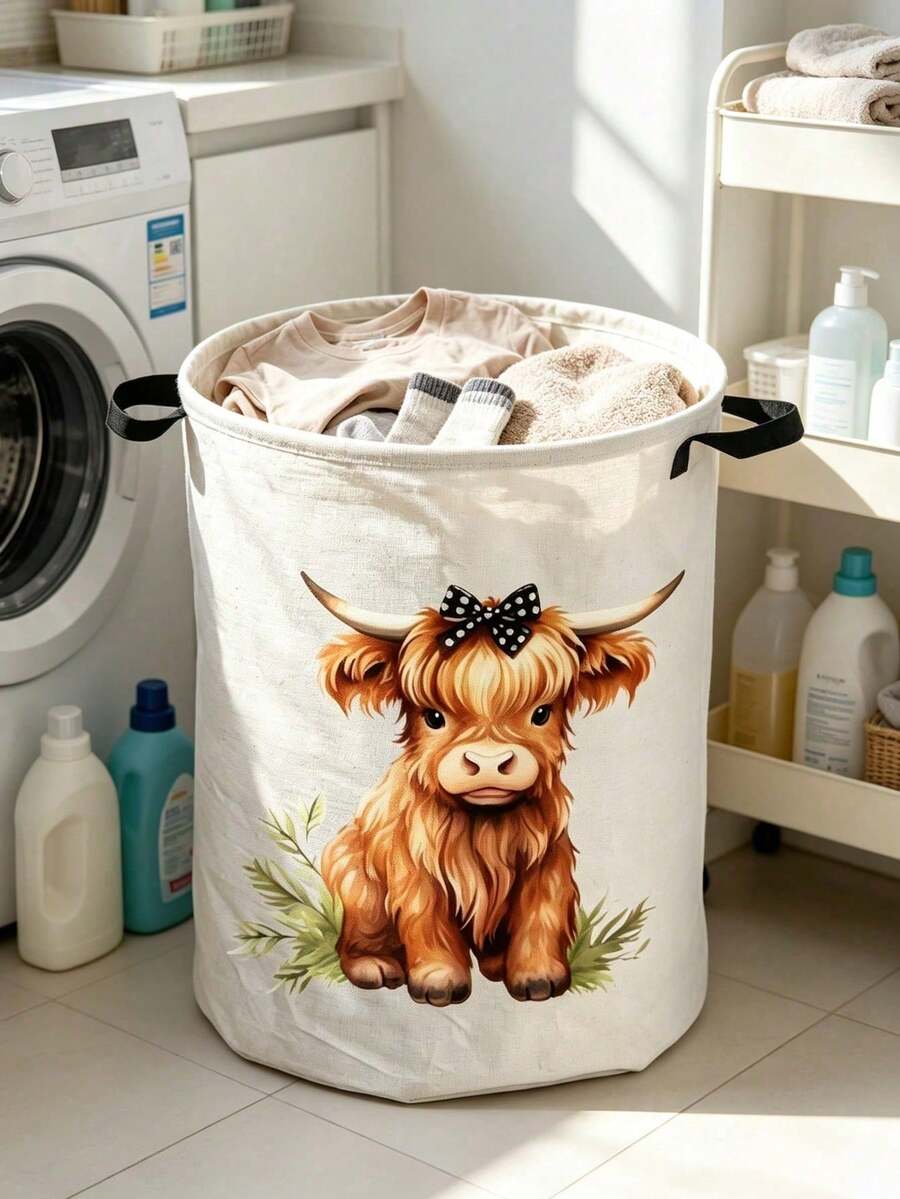 Multifunctional Large Laundry Basket/Dirty Clothes Bin, Laundry Storage Bag, High-End Cow Design Foldable Round Clothes Basket, Portable Laundry Bag, Suitable For Bathroom/Bedroom/Dorm, Housewarming Gift - Multicolor - View 1