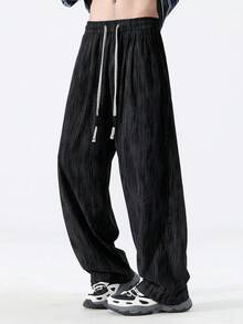 Men's American Street Style Crinkled Texture Fleece Pants, Plus Size Elastic Waist Drawstring Loose Straight Leg Casual Trousers - Black - View 2