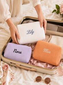 1pc Embroidered Corduroy Makeup Bag, Jewelry Storage Pouch, Customizable Letter Pattern, Personalized Bridesmaid Gift, Cute Travel Toiletry Bag, Unique Birthday Gift - Multicolor - View 3