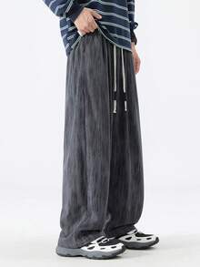 Men's American Street Style Crinkled Texture Pants, Plus Size Elastic Waist Drawstring Loose Straight Leg Casual Trousers - Grey - View 6