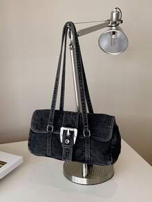 Tas jinjing model retro dengan detail penutup dan gesper, simpel dan modis, cocok untuk perjalanan sehari-hari, belanja, dan berlibur. - Hitam - View 8