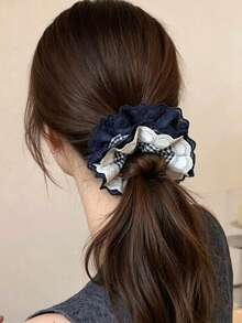 1pc Women's Deep Blue Lace Floral Embroidered Plaid Heart Soft High Elasticity Hair Scrunchie, Hair Accessory Hair Tie Hair Rope, Suitable For Daily Wear - Multicolor - View 4