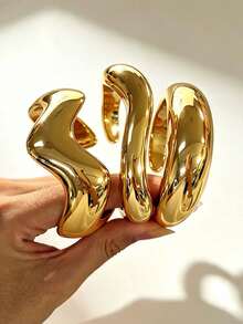 3/1pc Vintage Elegant Old Money Style Golden Geometric Twisted Wide Cuff Bracelet Set, CCB Casual Open Design, Suitable For Women's Daily Wear - Yellow Gold - View 5