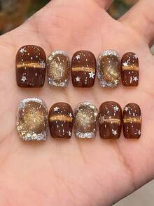 10Pcs Pure Handmade Short Square Press On Nails, Chestnut Brown Base With Golden Cat‑Eye, Five‑Point Stars, Silver Foil & Sparkling Glitter, Dreamy Retro Autumn Style For Daily & Party Use - Brown - View 2