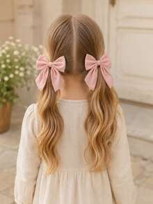 2PCS Fall Winter Baby Pink Dot Textured Bows For Girls Wavy Long Tail Decor Alligator Clips Party Daily Hair Clips Kids Hair Accessories - Baby Pink - View 4