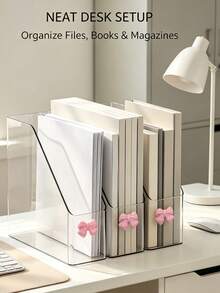 Transparent Acrylic Bookshelf With Bow Knot, Desktop File Organizer, Book Storage, Can Hold Magazines, Notes And Books, A4 File Magazine Organizer Box, Suitable For Home Study, School Office - Transparent + Pink - View 3