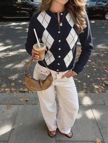 Women's College Style Argyle Pattern Short Fitted Cardigan, Long Sleeve Round Neck Navy Blue Knit Top, Wrinkle-Resistant Easy Care, Suitable For Autumn Casual Wear - Multicolor - View 3