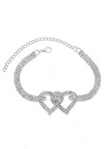 2pcs Exquisite Personalized Anklets, Sparkling Rhinestone Double Heart Design, Suitable For Women's Daily Wear - Silver - View 2