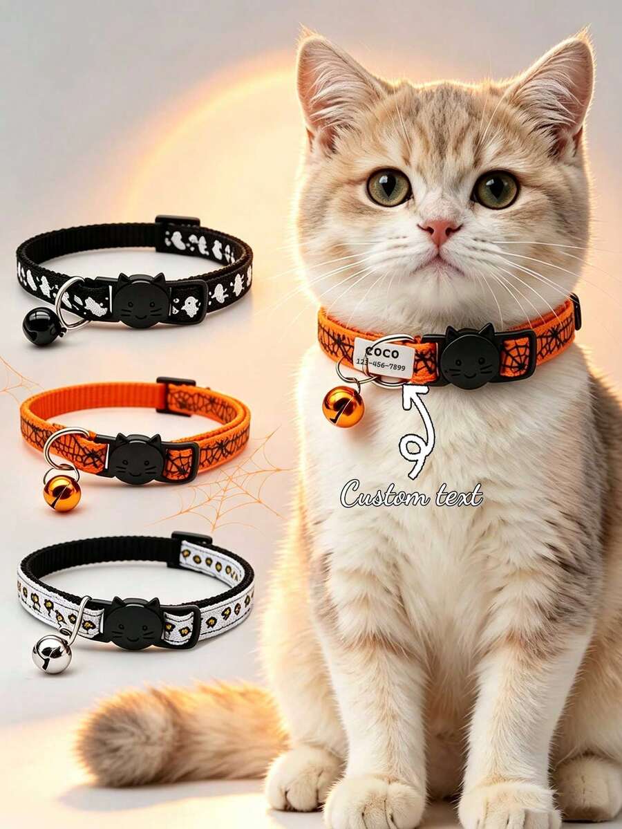 1pc Halloween Cat Collar With Name Tag, Customizable Name & Phone Number Personalized Pet ID Label Ghost Spider Bat Halloween Cat Collar With Bell Adjustable Ideal Gift For Pets! - Multicolor - View 1