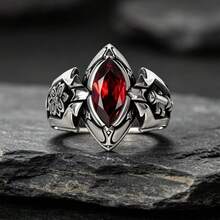 Punk Style Men's Ring With Red Zirconia Horse Eye, Gothic Carved Floral Pattern, Dark Personalized Accessory, Halloween Gift - Multicolor - View 1