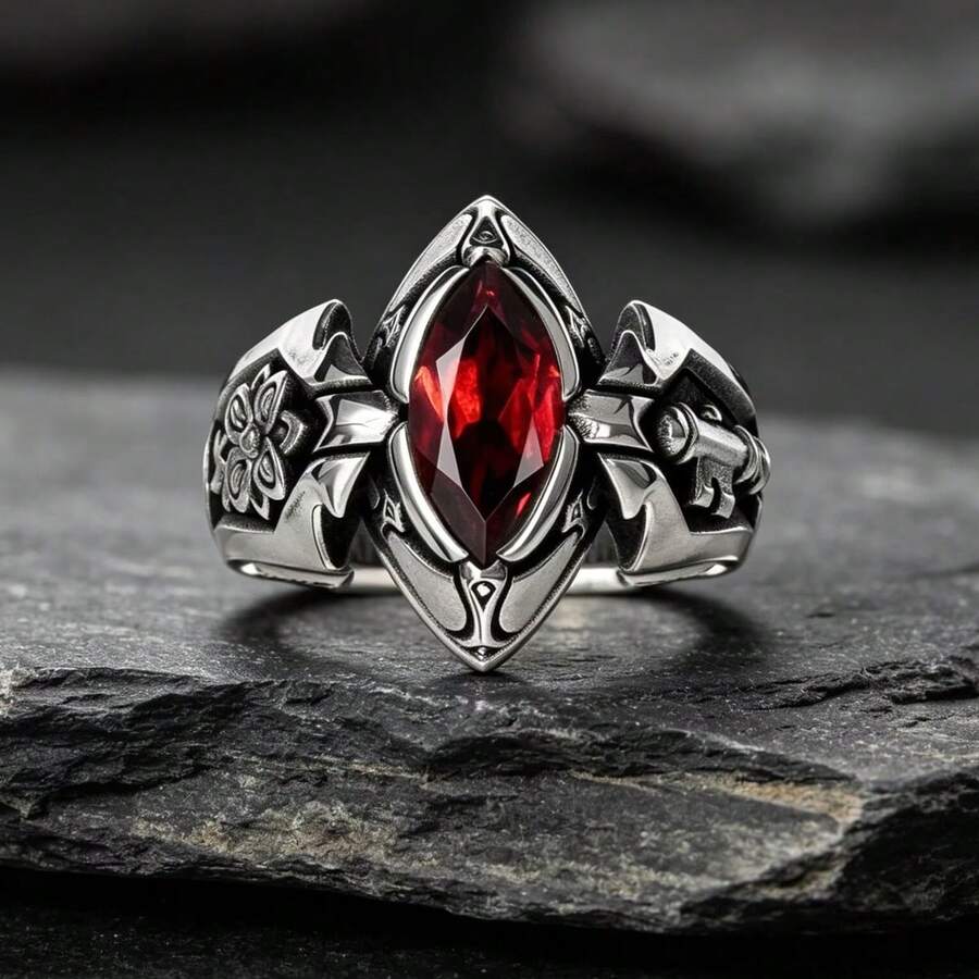 Punk Style Men's Ring With Red Zirconia Horse Eye, Gothic Carved Floral Pattern, Dark Personalized Accessory, Halloween Gift - Multicolor - View 1