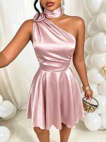 AIJ Amarilo Women's Sexy Casual Satin Mini Dress, Sleeveless One Shoulder, Embellished With Fashion 3D Roses, Backless Design, Flared Hem - Watermelon Pink - View 8