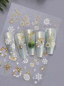 2件組 5D 浮雕聖誕美甲貼紙，自黏式 3D 金色聖誕球、雪花、星星、珍珠裝飾美甲貼，冬季假期日式風格美甲裝飾 - 彩色 - 查看 8