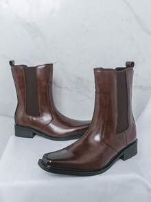 Men's Brown Chelsea Boots Square Toe Side Elastic Band Slip-On Ankle Boots British Style Height-Increasing Chunky Heel Shoes - Brown - View 3