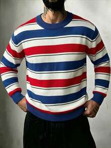ZYNTH BALENO Men's Fashion Autumn/Winter 12-Gauge Striped Loose Drop Shoulder Crew Neck Long Sleeve Sweater, Suitable For Gym Workout Sports - Blue - View 3