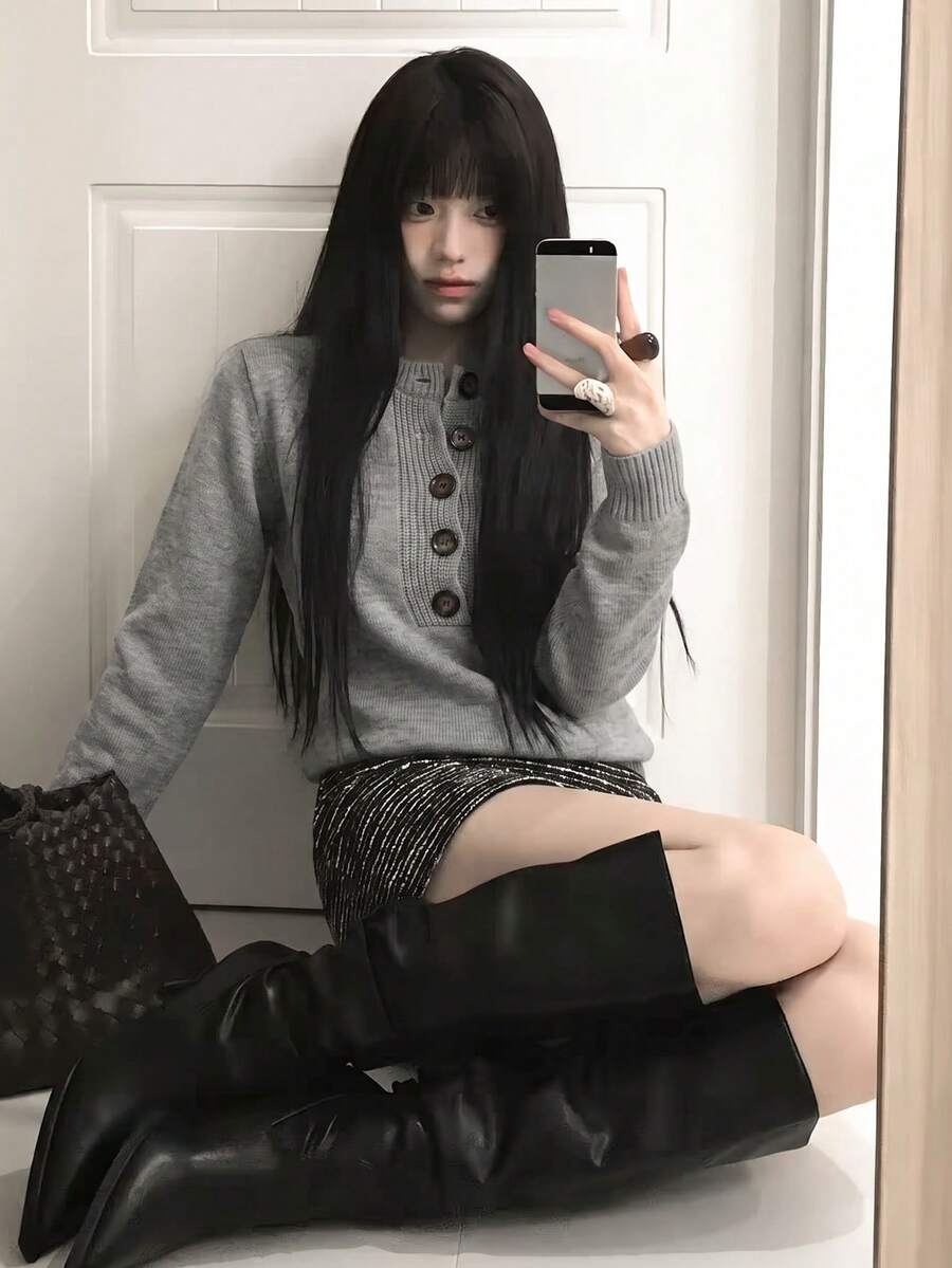 灰色V領套頭底層針織衫 女款 秋冬韓風 慵懶時尚圓領內搭針織上衣 - 灰色 - 查看 1