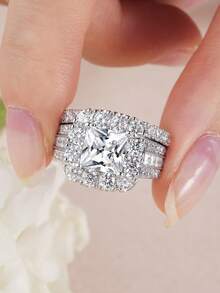 AIHUASI 2pcs/Set 925 Sterling Silver Women's Wedding Ring, Vintage Style, 7.5*7.5mm 2.5ct Princess Cut High-Grade Cubic Zirconia, Luxury Bridal Jewelry Gift - Silver - View 7