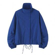Jaket Pendek Wanita Musim Gugur Kerah Tegak Kancing Depan, Hem Tali Serut, Lengan Panjang Berkerut, Pakaian Luar Kasual Warna Polos - Biru - View 11
