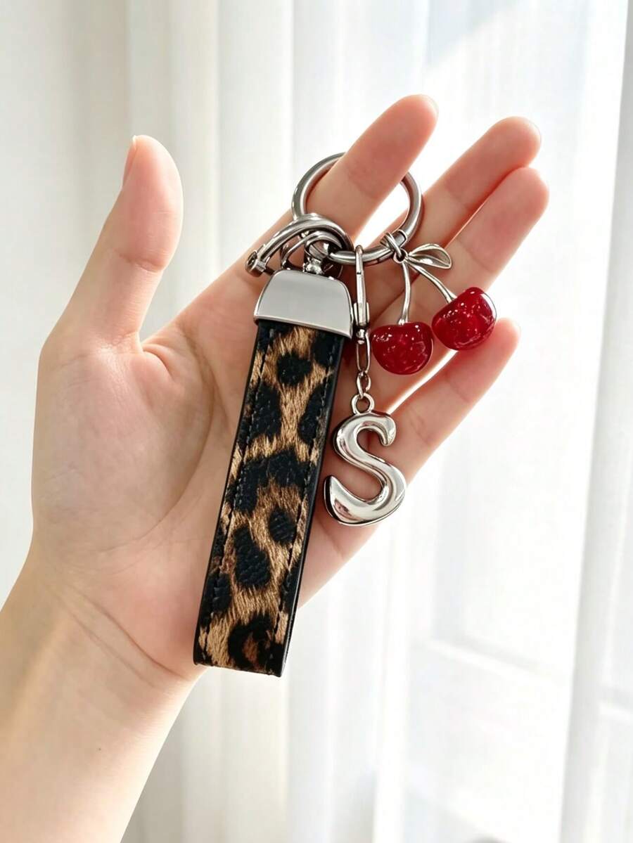26 Alphabet Car Keychains, Silver Letter Zinc Alloy Accessories, Leopard Print Cherry Pendant, PU Rope Car Lock Key Fob, Car Remote Control Hanging Decoration, Bag Decoration Pendant, Car Key Ring, Key Chain Key Accessories. Holiday Gift,