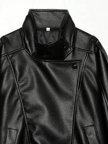 Liorin Autumn/Winter New Women's European And American Style Fashion Minimalist Versatile Lychee Grain Leather Stand Collar Jacket - Black - View 11