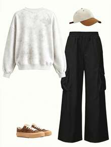 American Vintage Girls 2-Piece Sports Set, Tie-Dye Slay Letter Print Sweatshirt With Cargo Wide Leg Pants, Spring/Autumn Outfit - White - View 3