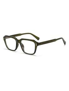1 Pair Men's Olive Green Square Frame Rivet Decor Casual Style Clear Lens Glasses - Olive Green - View 2