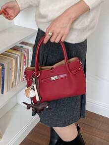 Women's Woven Texture Silver Metal Square Lock Crossbody Bag With Dual Handles, Side D-Rings For Detachable Shoulder Strap, Multi-Compartment Handbag And Shoulder Bag, Vintage Elegant Style For Commute, Date And Festive Occasions - Red - View 7