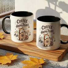Cat Coffee Lover Coffee Mug, Coffee Is My Happy Place Cute Kitten Graphic Ceramic Cup, Novelty Gift For Cat Enthusiast Coffee Addict Birthday Holiday Present - Multicolor - View 3