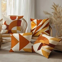 4pcs Gentle Warm Brown Abstract Geometric Color Block Pattern Cushion Covers, Single-Sided Printed Skin-Friendly Peach Skin Velvet Material, 45*45CM Throw Pillow Covers Suitable For Indoor Decor, Party Decoration, Decorative Cushion Covers Gift, Pillow Inserts Not Included - Multicolor - View 1