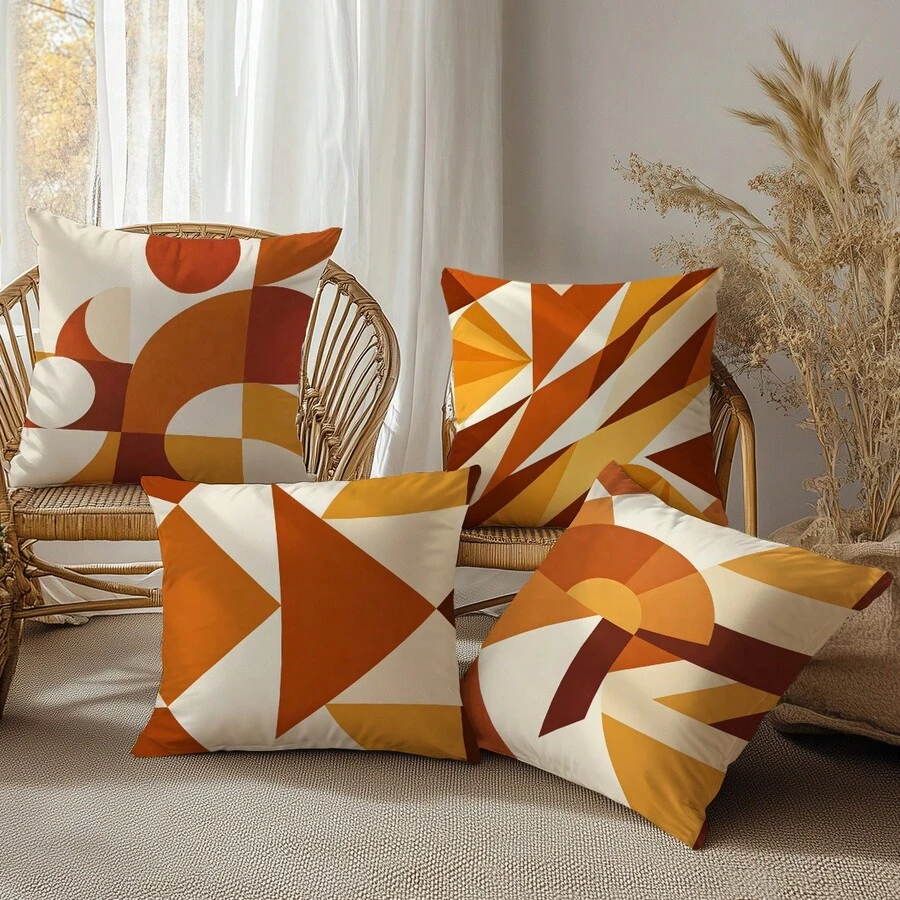 4pcs Gentle Warm Brown Abstract Geometric Color Block Pattern Cushion Covers, Single-Sided Printed Skin-Friendly Peach Skin Velvet Material, 45*45CM Throw Pillow Covers Suitable For Indoor Decor, Party Decoration, Decorative Cushion Covers Gift, Pillow Inserts Not Included - Multicolor - View 1