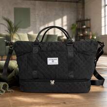 4‑Piece Quilted Travel Bag Set Weekender Duffle With Shoe Compartment Sling Backpack Cosmetic & Mesh Toiletry Pouch - Black - View 3