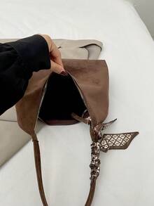 極簡風女款單肩包手提包 高品質腋下包 新月形包附絲巾 適合上班通勤購物 - 咖啡棕 - 查看 5