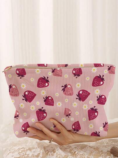 Portable Cosmetic Storage Bag Strawberry Pattern Double-Sided Printed Travel Zipper Makeup Bag Multi-Functional Toiletries Organizer