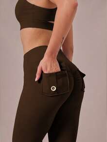 6pecil High Waist Flare Yoga Pants With Pockets, Ruched Butt-Flattering Flare Leggings, Tummy Control Anti-Wrinkle Design Sports Flare Pants - Chocolate Brown - View 8
