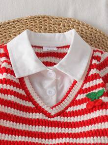 2pcs Baby Girl Casual Cute Collar Knit Top & Embroidered Denim Jeans Set, Thin Spring/Autumn - Red - View 4