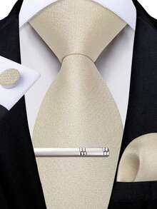 Light Champagne Solid Color Men's Tie 4-Piece Set With Pocket Square, Cufflinks, Silver Tie Clip, Formal Banquet Outfit - Apricot - View 1