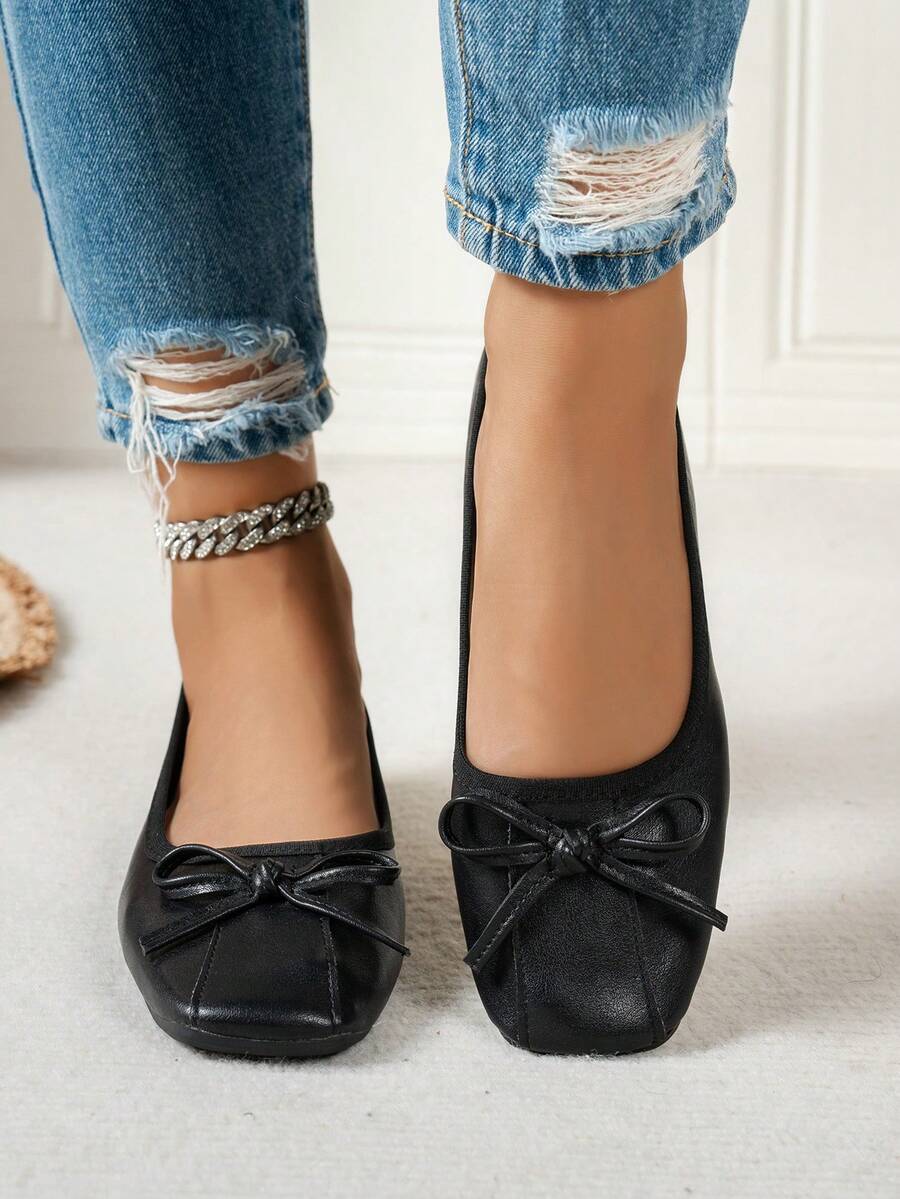 1 Pair Spring/Autumn Square Toe Patchwork Black Outdoor Fashion Bow ...