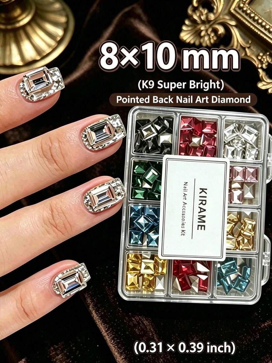 KIRAME 8*10mm Rectangular Pointed Bottom K9 Super Shiny Mixed Color Nail Rhinestone Set, Includes 1 Dotting Tool, DIY Home Manicure, Nail Salon Supplies, Nail Decoration, Christmas, Summer & Travel Nails, Holiday Gift - Multicolor - View 1