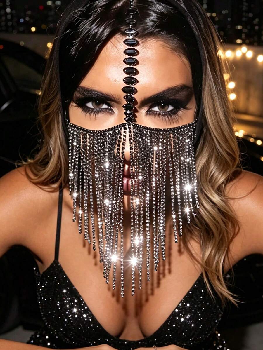 1pc Bohemian Sexy Rhinestone Mask, Mysterious Tassel Masquerade Accessory For Women, Suitable For Party, Festival Jewelry