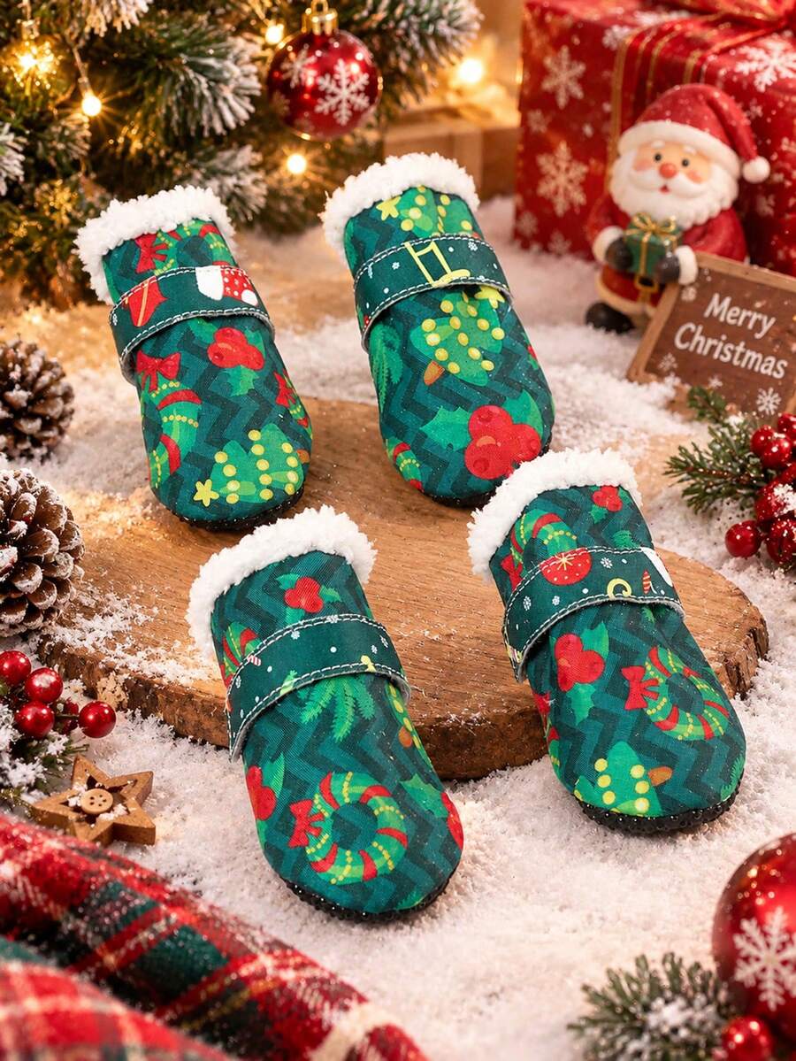 1 Set 4pcs Christmas Style Pet Shoes, Green Christmas Fruit Print Fleece Lining Warm Boots, Adjustable Hook & Loop Non-Slip Christmas Shoes, Suitable For Small Dogs And Cats - Green - View 1