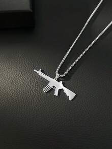 Street Hip‑Hop Men Necklace, Polished Stainless Steel Gun‑Shaped Pendant With Box Chain, Cool Jewelry For Men Daily Wear Gift - Silver - View 2