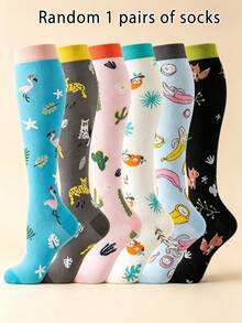 1/3/6 Pairs Women Cute Cartoon Animal Compression Socks Comfortable Breathable Knee High Socks Suitable For Running Fitness Hiking - Multicolor - View 9