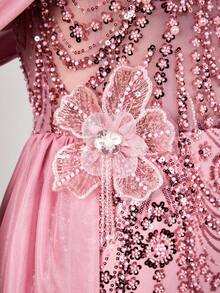 Elegant Women's Pink Mermaid Formal Dress, Made Of Beaded Mesh Fabric, Off-Shoulder Short Sleeve, Deep V-Neck, Perfect For Prom And Evening Party. - Pink - View 2