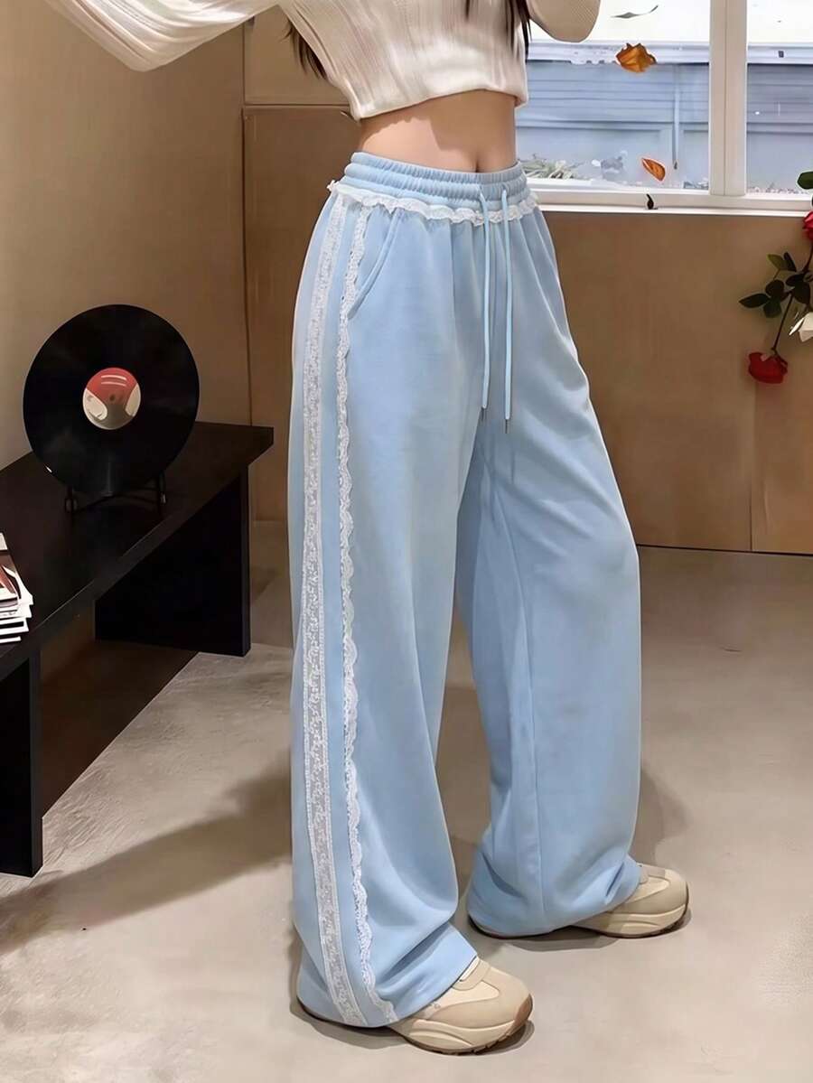 JUTUQU Spring Autumn Winter Lace Patchwork Light Blue Casual Pants Women Spring Elastic Waist Ins Korean Style Chic Sweet Cool Ruffle Sweatpants Commute Outfit - Light Blue - View 1