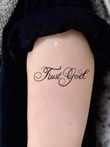 1 Sheet Ornate Cursive Faith Quote Temporary Tattoo Stickers, Fancy Swirl Decorative Script Fake Tattoos, Elegant Vintage Body Art For Women Girls, Waterproof Upper Arm Forearm Decor - Black - View 4