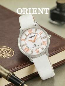 Orient Women's Quartz Watch With Silver Shell Mother Of Pearl Dial, Rose Gold Roman Numeral Hour Markers With Rhinestones, White Embossed Leather Strap, Gentle Sweet Luxury Style - White - View 1