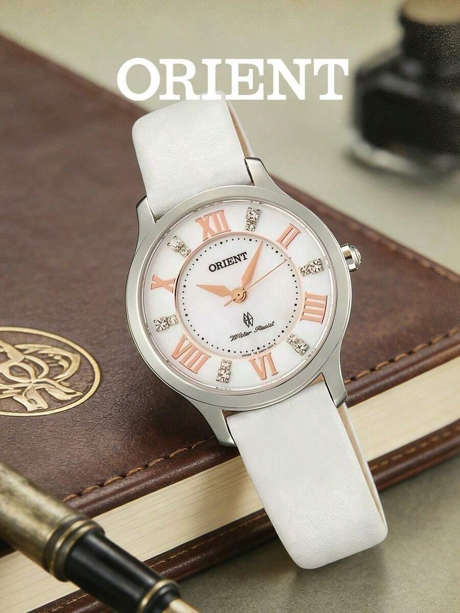 Orient Women's Quartz Watch With Silver Shell Mother Of Pearl Dial, Rose Gold Roman Numeral Hour Markers With Rhinestones, White Embossed Leather Strap, Gentle Sweet Luxury Style - White - View 1