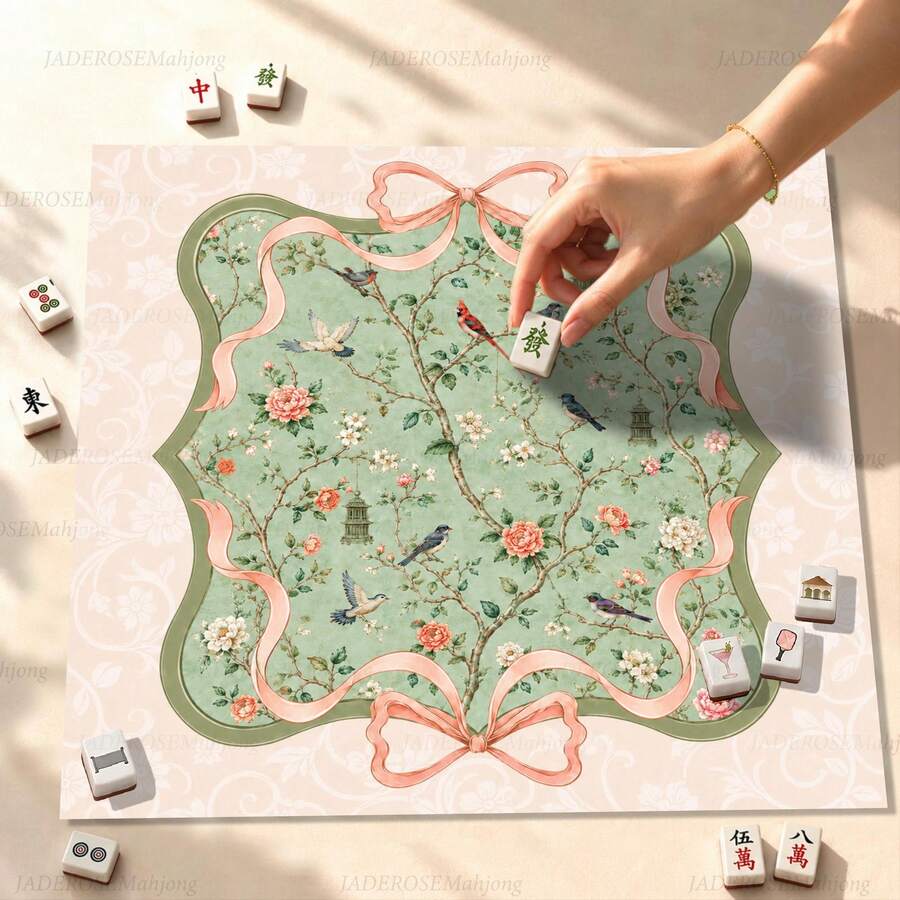 33"X33" Chinoiserie Bird Mahjong Mat, Sage Green Floral Game Mat, Pink Bow Mahjong Decor, SHIPS ROLLED - Multicolor - View 1